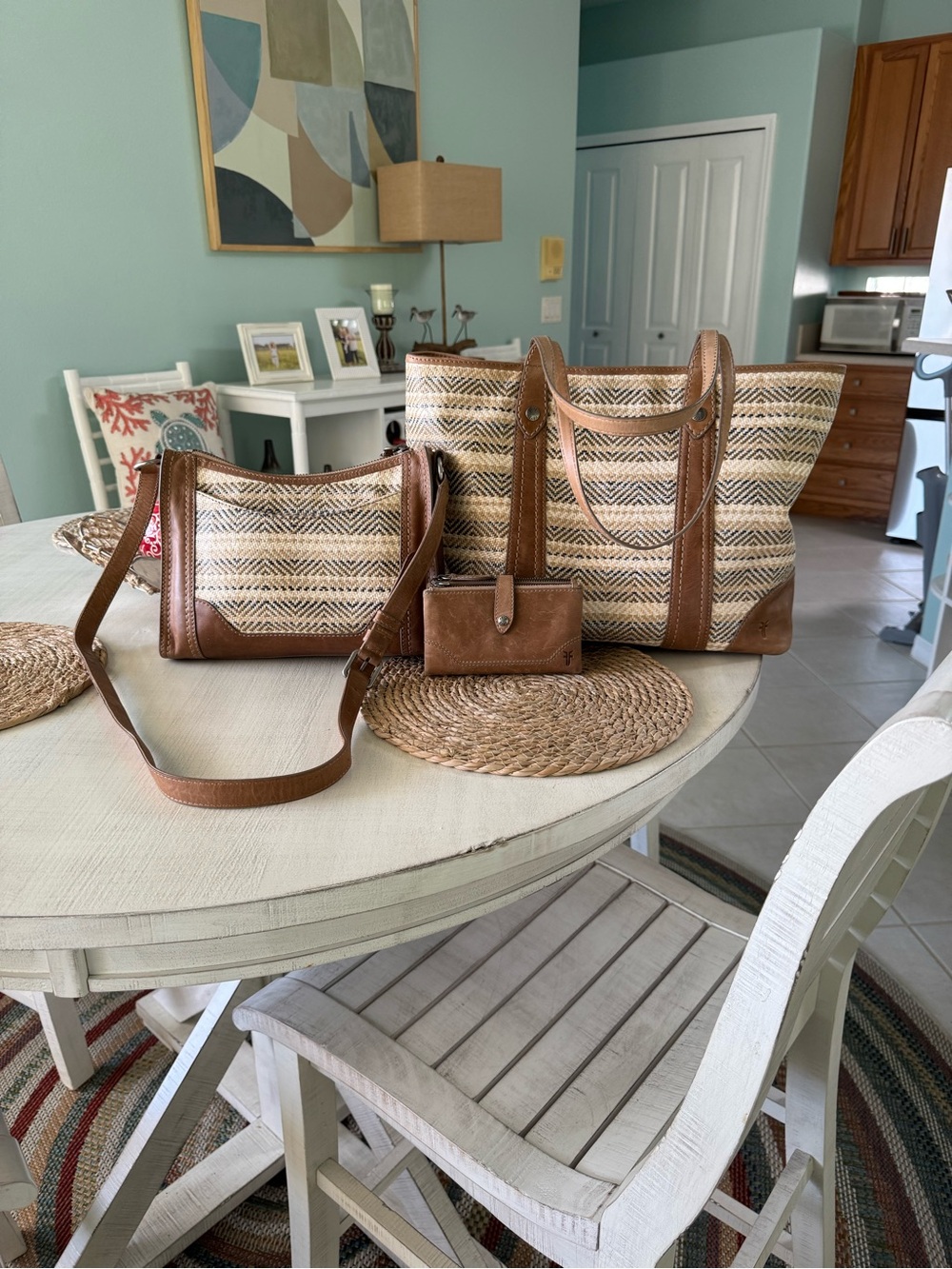 Frye Brown and Natural Woven Tote, Crossbody & Wallet Set